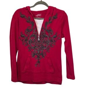 Sport Red Hoodie Y2K Junior Girls Size Medium Quarter Zip Embellished Pullover